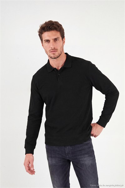 Pamuklu Regular Fit Yumuşak Dokulu Düğmeli Erkek Polo Yaka Kazak 5906103 SİYAH