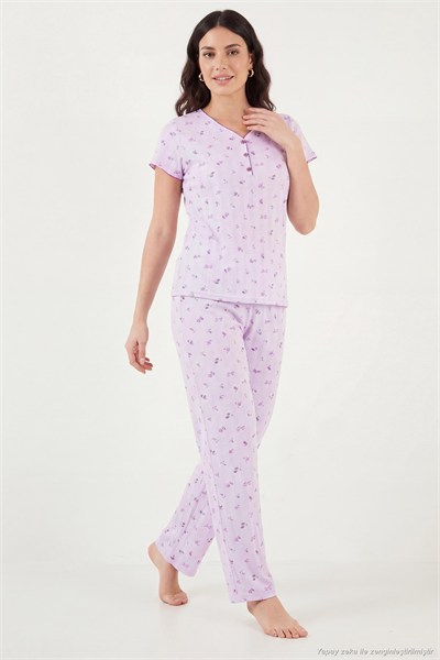 Pamuklu Regular Fit Yumuşak Dokulu Düğmeli V Yaka Kadın Pijama Takımı 65770755 LİLA