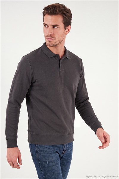 Pamuklu Regular Fit Yumuşak Dokulu Düğmeli Erkek Polo Yaka Kazak 5906103 ANTRASİT