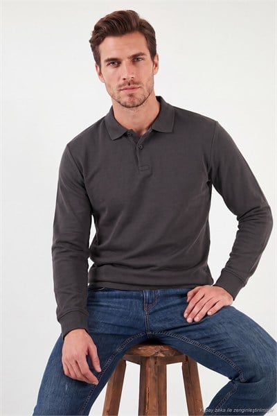 Pamuklu Regular Fit Yumuşak Dokulu Düğmeli Erkek Polo Yaka Kazak 5906103 ANTRASİT