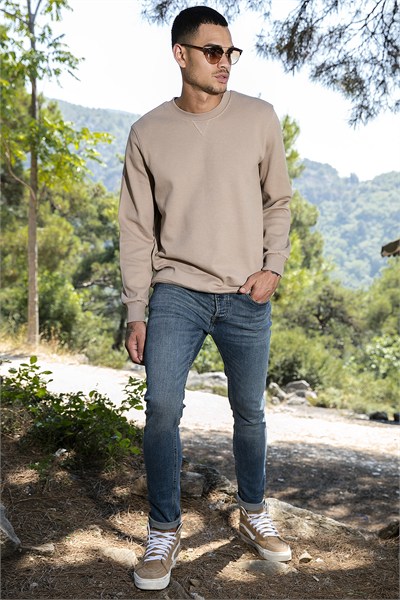 Pamuklu Relaxed Fit Bisiklet Yaka Erkek Sweat 5905453 VİZON
