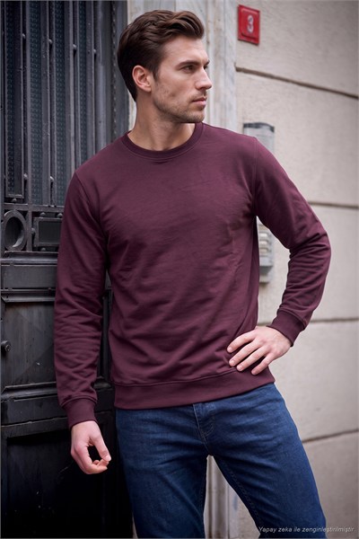Pamuklu Relaxed Fit Bisiklet Yaka Erkek Sweat 5901257 VİŞNE