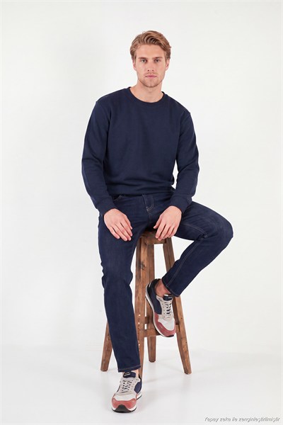 Pamuklu Relaxed Fit Bisiklet Yaka Erkek Sweat 5901257 İNDİGO
