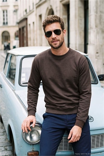 Pamuklu Relaxed Fit Bisiklet Yaka Erkek Sweat 5901257 Acı Kahve