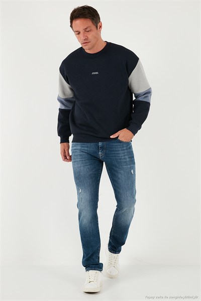 Pamuklu Relaxed Fit Bisiklet Yaka Şardonlu Renk Bloklu Erkek Sweat 5905298T KOYU LACİVERT