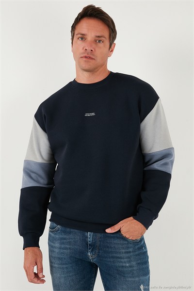 Pamuklu Relaxed Fit Bisiklet Yaka Şardonlu Renk Bloklu Erkek Sweat 5905298T KOYU LACİVERT