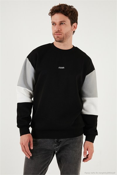 Pamuklu Relaxed Fit Bisiklet Yaka Şardonlu Renk Bloklu Erkek Sweat 5905298T SİYAH