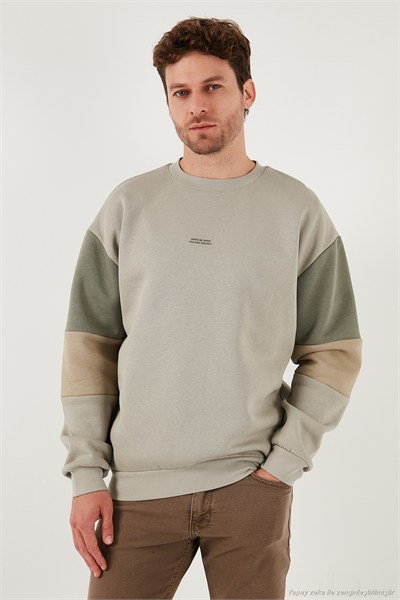 Pamuklu Relaxed Fit Bisiklet Yaka Şardonlu Renk Bloklu Erkek Sweat 5905298T TAŞ