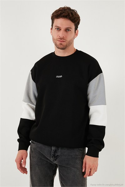 Pamuklu Relaxed Fit Bisiklet Yaka Şardonlu Renk Bloklu Erkek Sweat 5905298T SİYAH