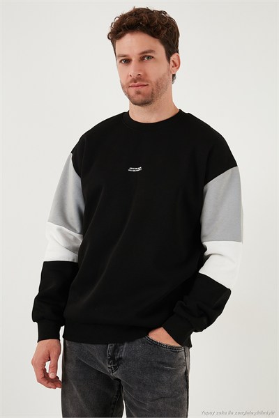 Pamuklu Relaxed Fit Bisiklet Yaka Şardonlu Renk Bloklu Erkek Sweat 5905298T SİYAH