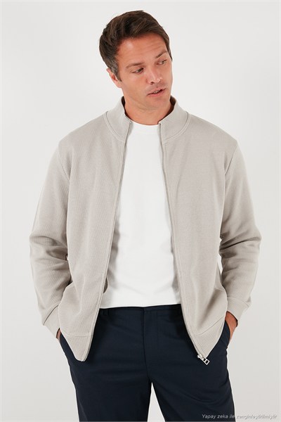 Pamuklu Relaxed Fit Dik Yaka Fermuarlı Erkek Hırka 5901075 TAŞ