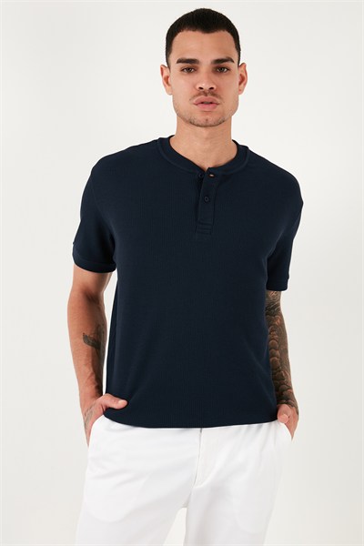 Pamuklu Relaxed Fit Düğmeli Sıfır Yaka Erkek T Shirt 5902737 İNDİGO