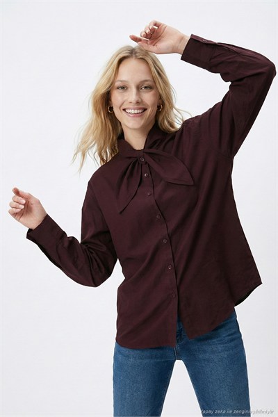 Pamuklu Relaxed Fit Fiyonk Detaylı Yaka Kadın Gömlek 6925407 MÜRDÜM