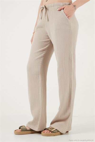 Pamuklu Relaxed Fit Geniş Paça Müslin Kadın Pantolon 668YP5502 TAŞ