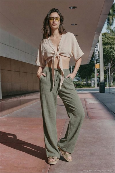 Pamuklu Relaxed Fit Geniş Paça Müslin Kadın Pantolon 668YP5502 AÇIK HAKİ
