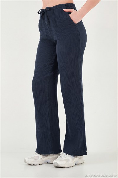 Pamuklu Relaxed Fit Geniş Paça Müslin Kadın Pantolon 668YP5502 LACİVERT