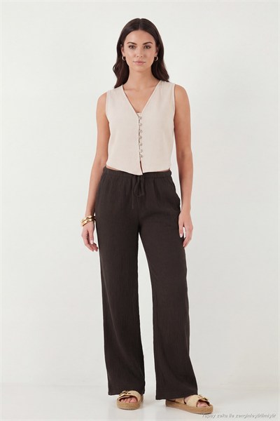 Pamuklu Relaxed Fit Geniş Paça Müslin Kadın Pantolon 668YP5502 Acı Kahve