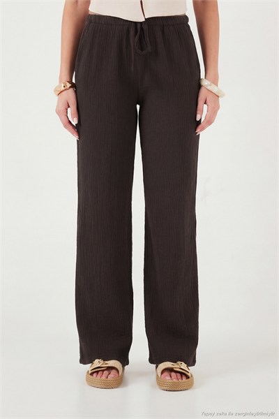 Pamuklu Relaxed Fit Geniş Paça Müslin Kadın Pantolon 668YP5502 Acı Kahve