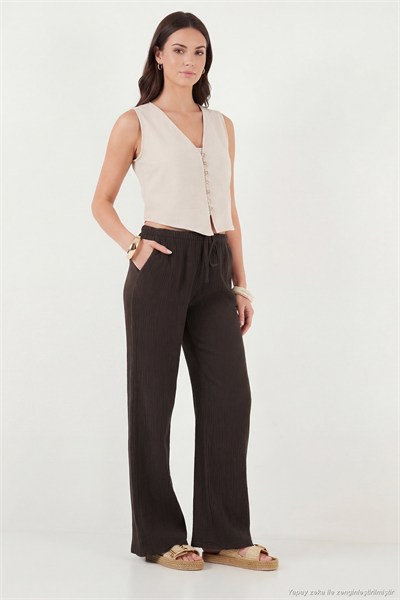 Pamuklu Relaxed Fit Geniş Paça Müslin Kadın Pantolon 668YP5502 Acı Kahve
