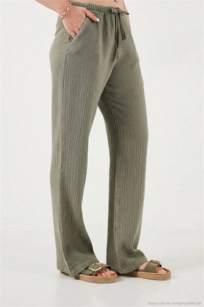 Pamuklu Relaxed Fit Geniş Paça Müslin Kadın Pantolon 668YP5502 AÇIK HAKİ