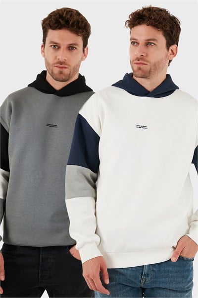 Pamuklu Relaxed Fit Kapüşonlu İçi Tüylü Yumuşak Şardonlu 2 li Paket Erkek Sweat 5905299S2 Açık Haki-Ekru