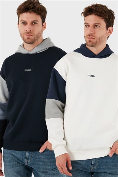 Pamuklu Relaxed Fit Kapüşonlu İçi Tüylü Yumuşak Şardonlu 2 li Paket Erkek Sweat 5905299S2 Ekru-Koyu Lacivert