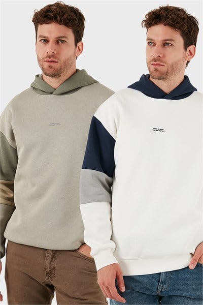 Pamuklu Relaxed Fit Kapüşonlu İçi Tüylü Yumuşak Şardonlu 2 li Paket Erkek Sweat 5905299S2 EKRU-TAŞ