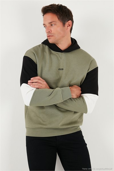 Pamuklu Relaxed Fit Kapüşonlu İçi Tüylü Yumuşak Şardonlu Erkek Sweat 5905299 HAKİ