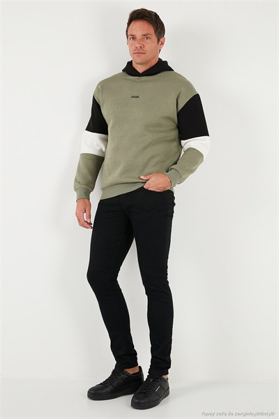 Pamuklu Relaxed Fit Kapüşonlu İçi Tüylü Yumuşak Şardonlu Erkek Sweat 5905299 HAKİ