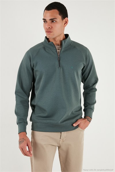 Pamuklu Relaxed Fit Yarım Fermuarlı Dik Yaka Erkek Sweat 5901232 HAKİ