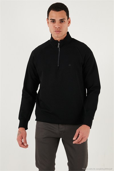 Pamuklu Relaxed Fit Yarım Fermuarlı Dik Yaka Erkek Sweat 5901232 SİYAH