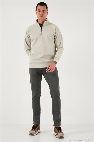 Pamuklu Relaxed Fit Yarım Fermuarlı Dik Yaka Erkek Sweat 5901232 TAŞ