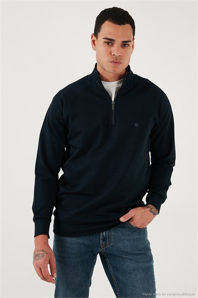 Pamuklu Relaxed Fit Yarım Fermuarlı Dik Yaka Erkek Sweat 5901232 LACİVERT