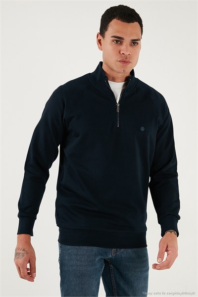 Pamuklu Relaxed Fit Yarım Fermuarlı Dik Yaka Erkek Sweat 5901232 LACİVERT