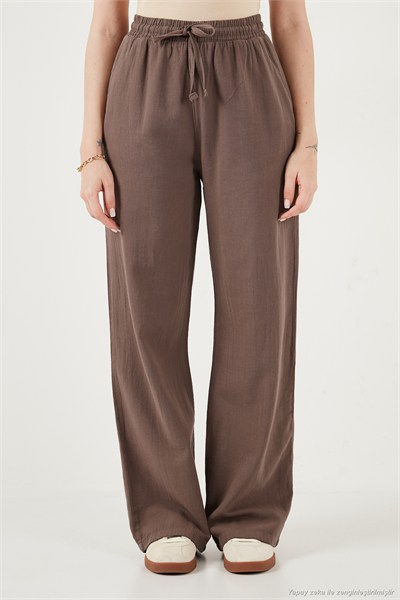 Pamuklu Relaxed Fit Yüksek Bel Bol Paça Kadın Pantolon 668YP5118 KAHVE
