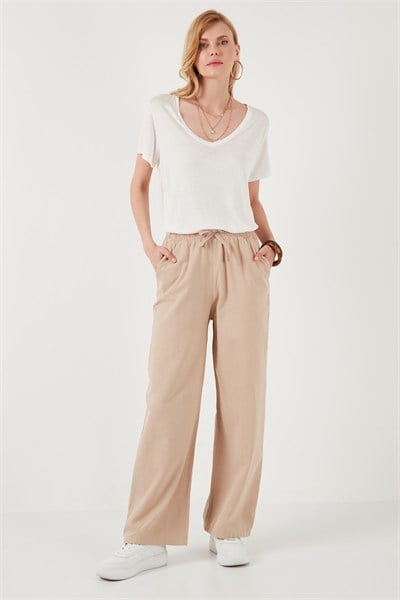 Pamuklu Relaxed Fit Yüksek Bel Bol Paça Kadın Pantolon 668YP5118 CAMEL