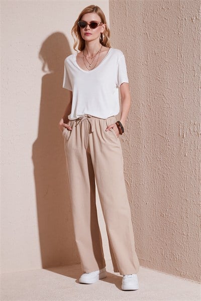 Pamuklu Relaxed Fit Yüksek Bel Bol Paça Kadın Pantolon 668YP5118 CAMEL
