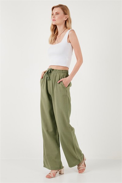 Pamuklu Relaxed Fit Yüksek Bel Bol Paça Kadın Pantolon 668YP5118 HAKİ