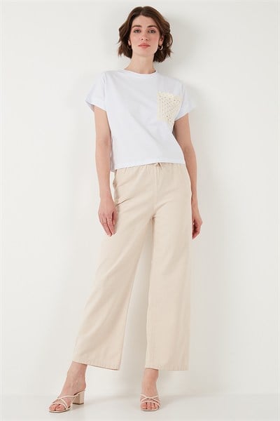 Pamuklu Relaxed Fit Yüksek Bel Bol Paça Kadın Pantolon 668YP5118 TAŞ