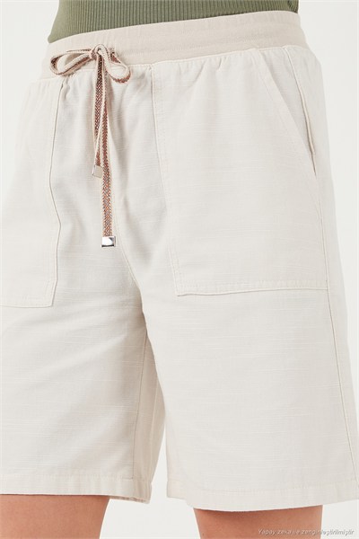 Pamuklu Relaxed Fit Yüksek Bel Cepli Mini Kadın Şort 668YP5384 TAŞ