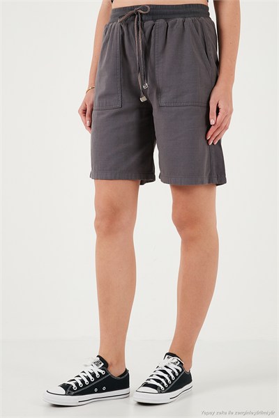 Pamuklu Relaxed Fit Yüksek Bel Cepli Mini Kadın Şort 668YP5384 ANTRASİT
