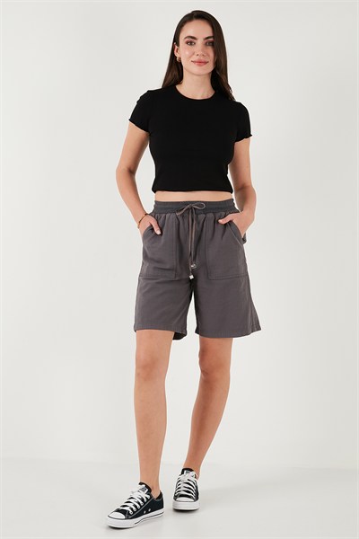 Pamuklu Relaxed Fit Yüksek Bel Cepli Mini Kadın Şort 668YP5384 ANTRASİT