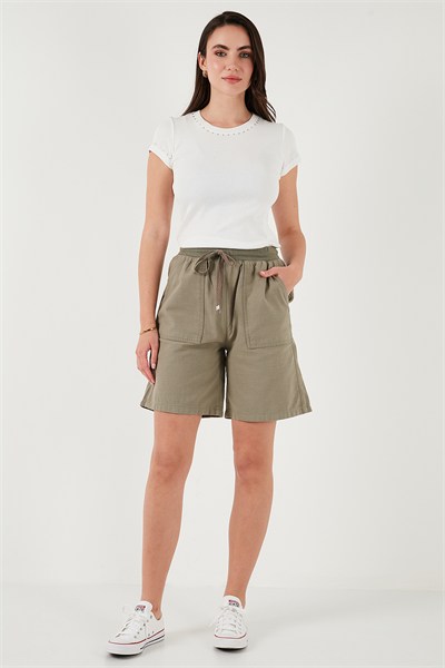 Pamuklu Relaxed Fit Yüksek Bel Cepli Mini Kadın Şort 668YP5384 HAKİ