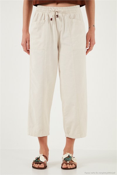 Pamuklu Relaxed Fit Yüksek Bel Geniş Kısa Paça Kadın Pantolon 668YP5318 TAŞ