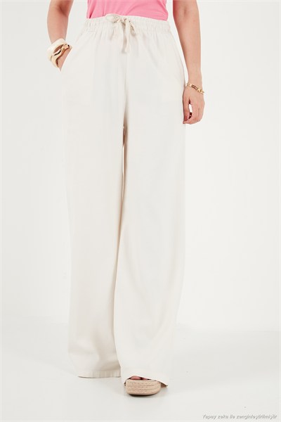 Pamuklu Relaxed Fit Yüksek Bel Geniş Paça Kadın Pantolon 668YP5559 EKRU