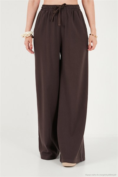 Pamuklu Relaxed Fit Yüksek Bel Geniş Paça Kadın Pantolon 668YP5559 KAHVE