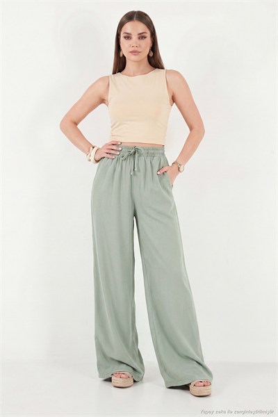 Pamuklu Relaxed Fit Yüksek Bel Geniş Paça Kadın Pantolon 668YP5559 AÇIK HAKİ