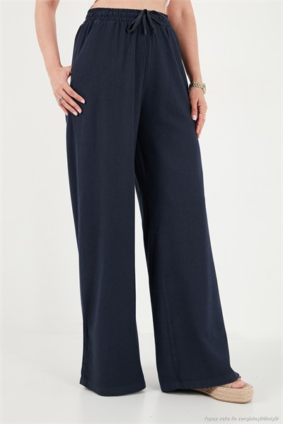 Pamuklu Relaxed Fit Yüksek Bel Geniş Paça Kadın Pantolon 668YP5559 LACİVERT