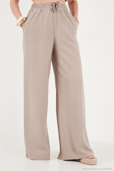 Pamuklu Relaxed Fit Yüksek Bel Geniş Paça Kadın Pantolon 668YP5559 TAŞ