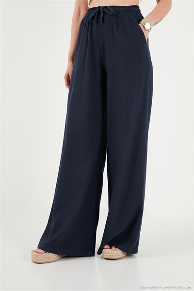 Pamuklu Relaxed Fit Yüksek Bel Geniş Paça Kadın Pantolon 668YP5559 LACİVERT